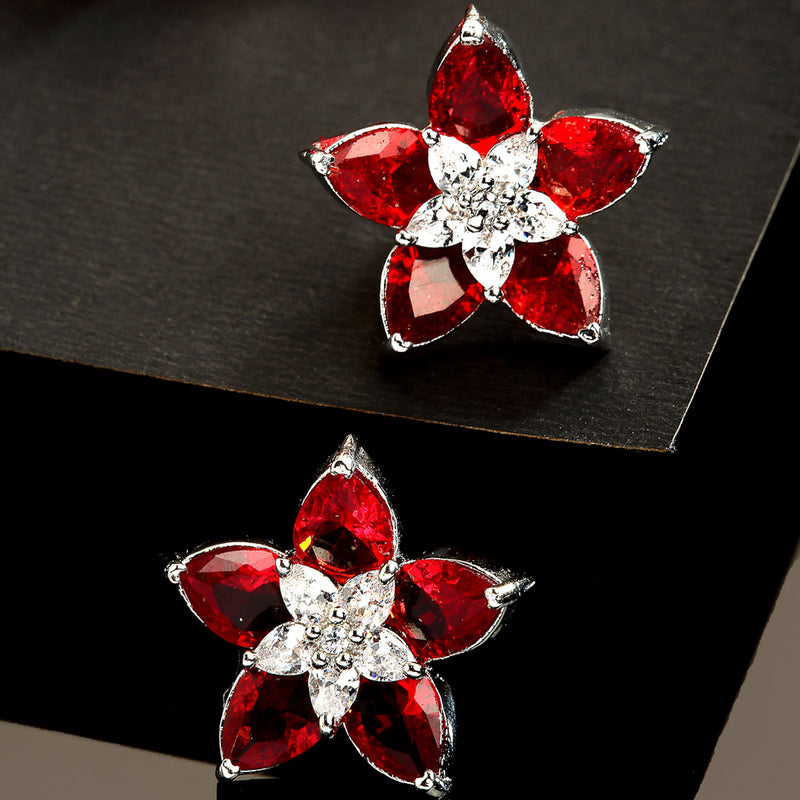 Rhodium-Plated with Silver-Toned Red American Diamond Floral Studs Earrings