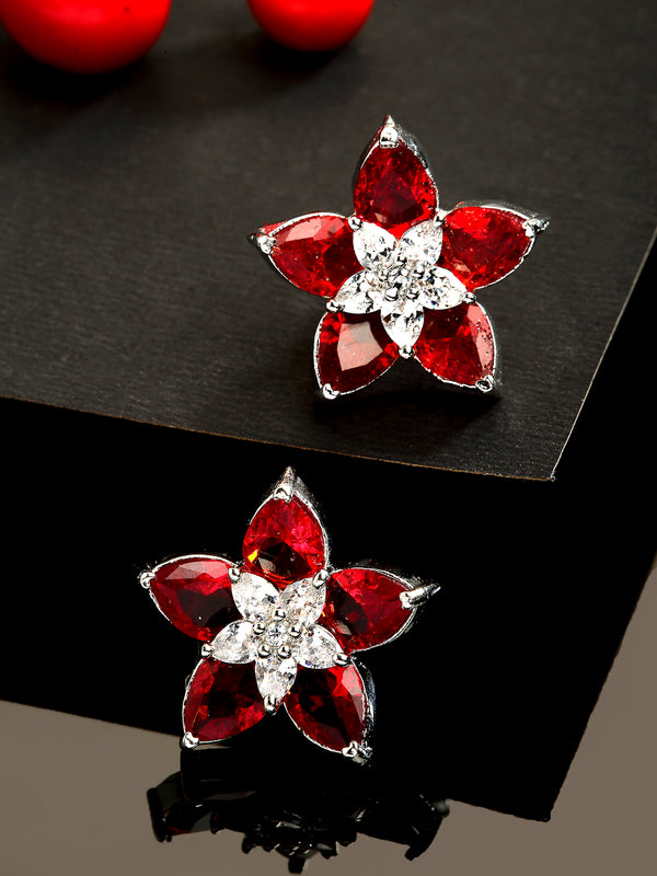 Rhodium-Plated with Silver-Toned Red American Diamond Floral Studs Earrings