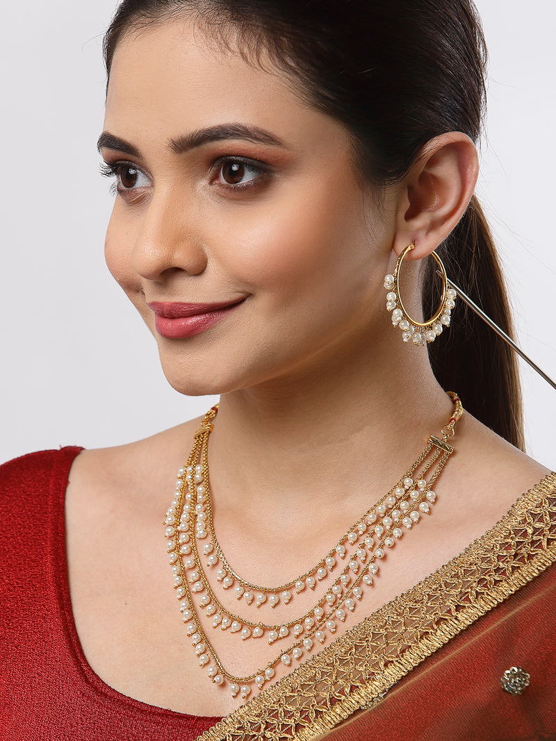 Gold-Plated White Pearl Drop 3 Layered Jewelry Set