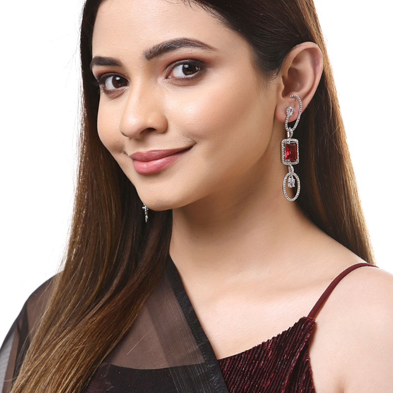 Red Geometric Shaped Rhodium-Plated with Silver-Tone Drop Earrings