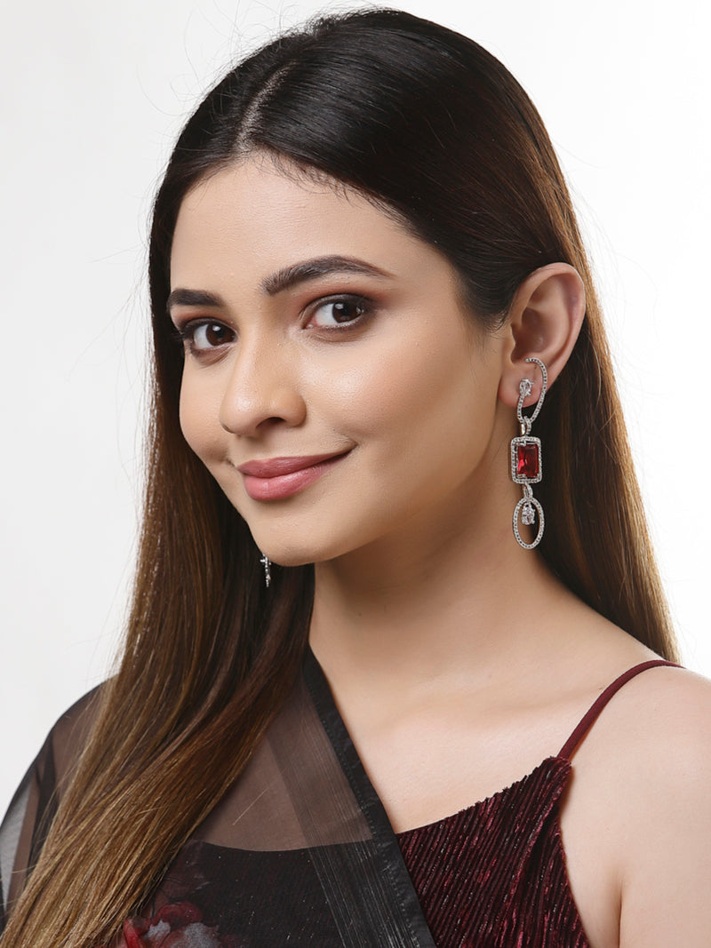 Red Geometric Shaped Rhodium-Plated with Silver-Tone Drop Earrings