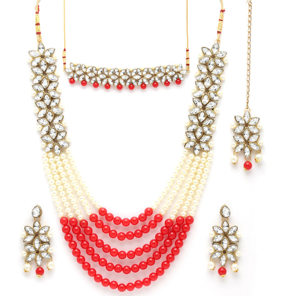 Meenakari Flower Shape Gold-Plated & Red Kundan-Studded & Pearl Beaded Antique Jewellery Set Combo