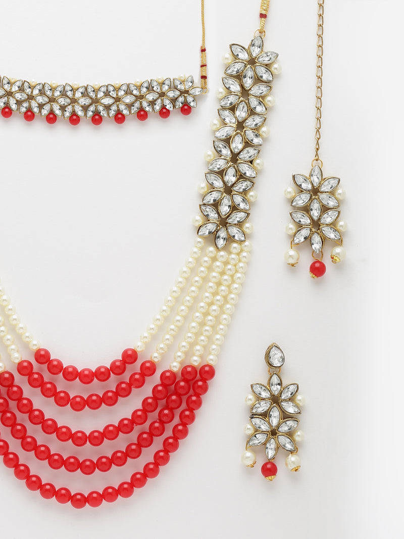 Meenakari Flower Shape Gold-Plated & Red Kundan-Studded & Pearl Beaded Antique Jewellery Set Combo