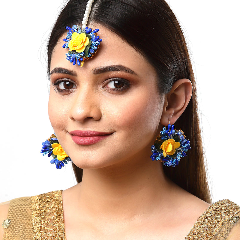 Gold-Plated Pearl Yellow & Blue Gota Patti Flower Maang Tikka Set