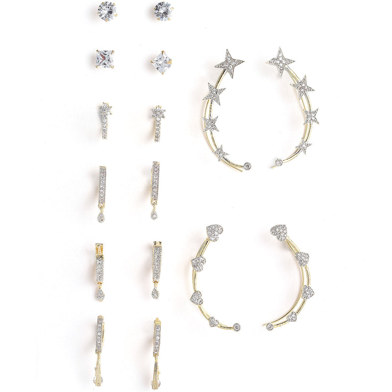 Set Of 8 White Contemporary Hoop & Studded Earrings