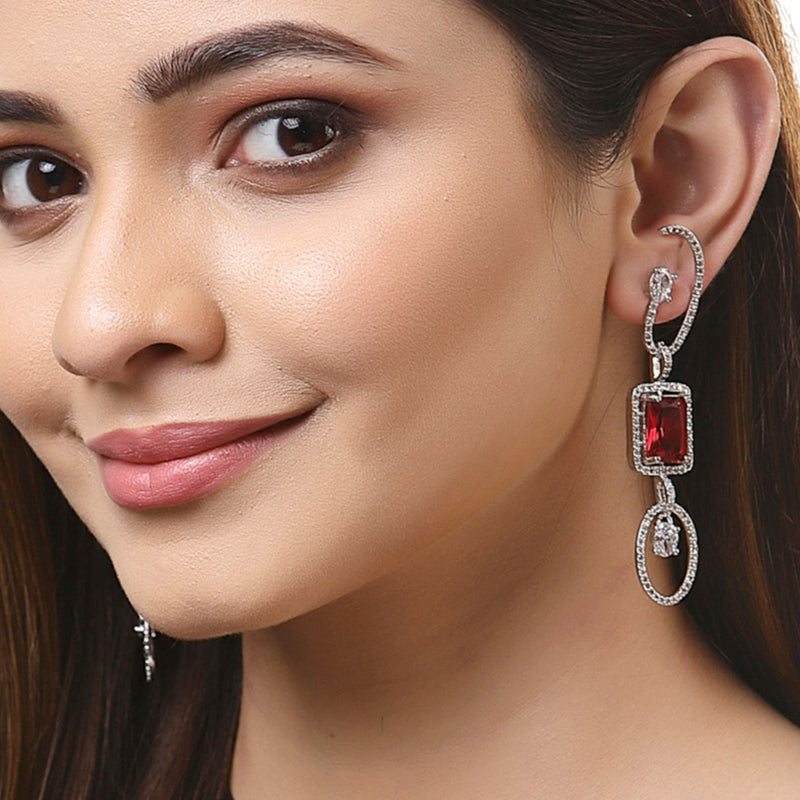 Red Geometric Shaped Rhodium-Plated with Silver-Tone Drop Earrings