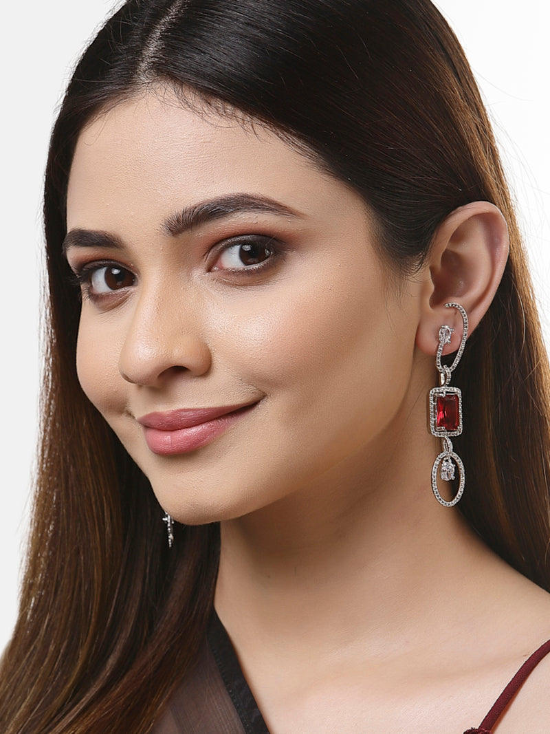 Red Geometric Shaped Rhodium-Plated with Silver-Tone Drop Earrings