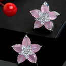 Rhodium-Plated with Silver-Toned Pink American Diamond Floral Studs Earrings