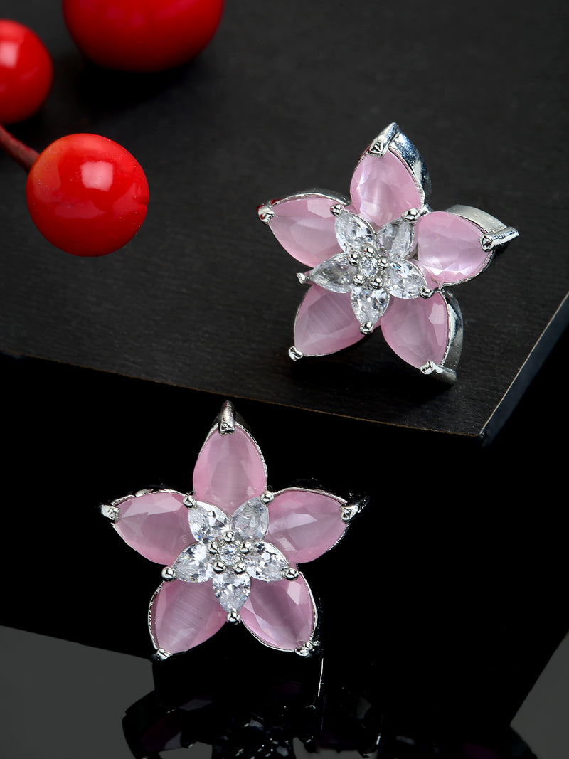 Rhodium-Plated with Silver-Toned Pink American Diamond Floral Studs Earrings