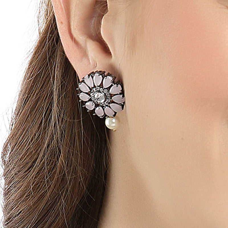 Rhodium-Plated with Silver-Tone Pink Stone Studded Oxidized Choker Jewellery Set