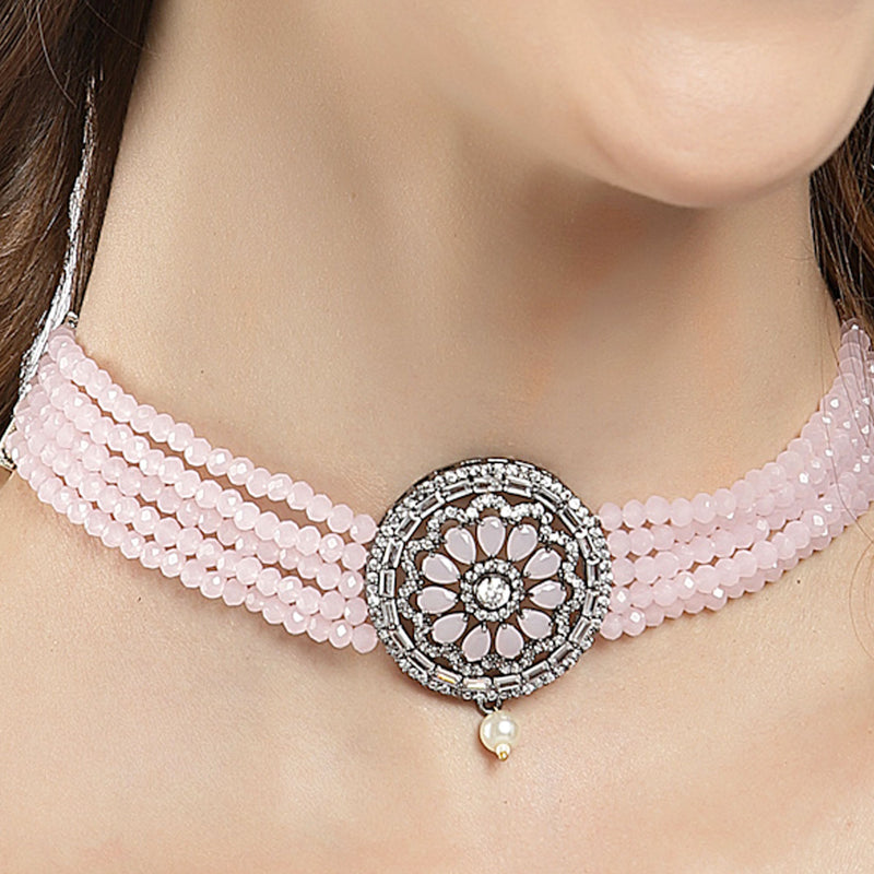 Rhodium-Plated with Silver-Tone Pink Stone Studded Oxidized Choker Jewellery Set
