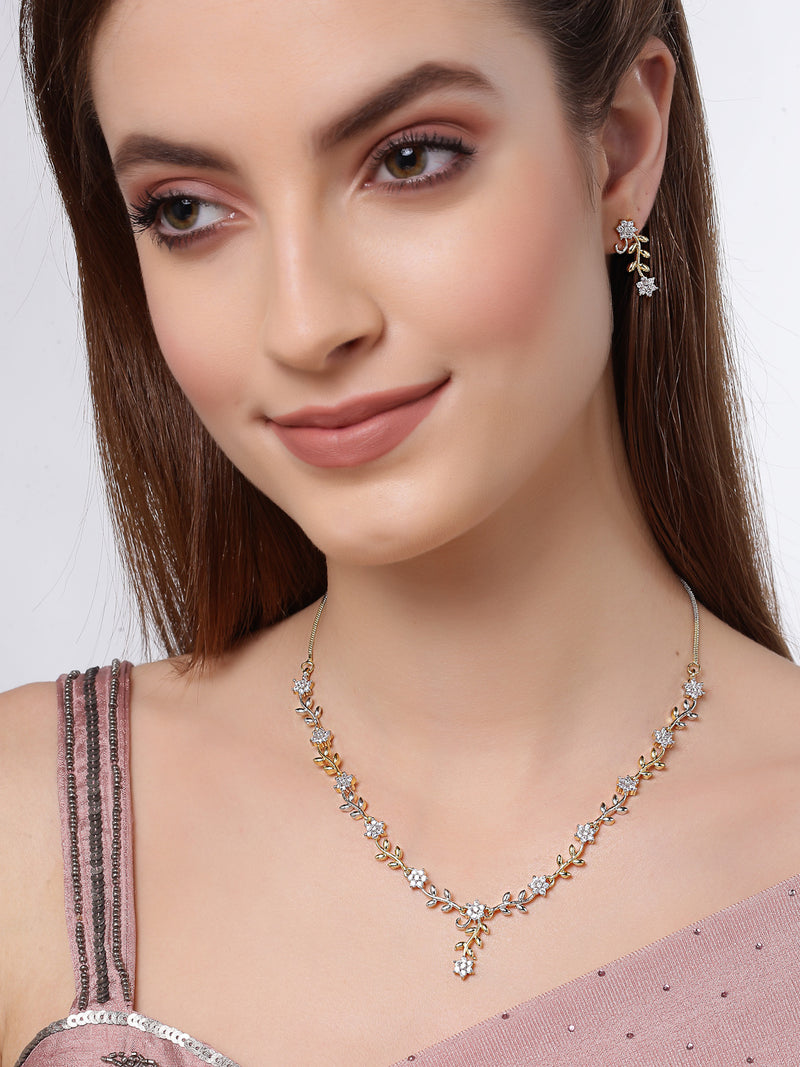 Leaf & Flower Shaped Gold-Plated with Silver-Tone & White American Diamond Studded Handcrafted Jewellery Set