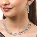Rhodium-Plated with Silver-Tone Sea Green American Diamond-Studded Flower Design Jewellery Set