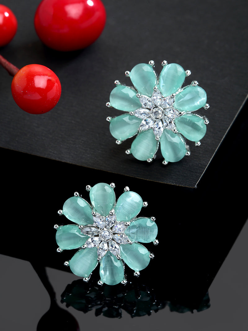 Sea Green American Diamond Studded Floral Shaped Rhodium-Plated with Silver-Tone Studs Earrings