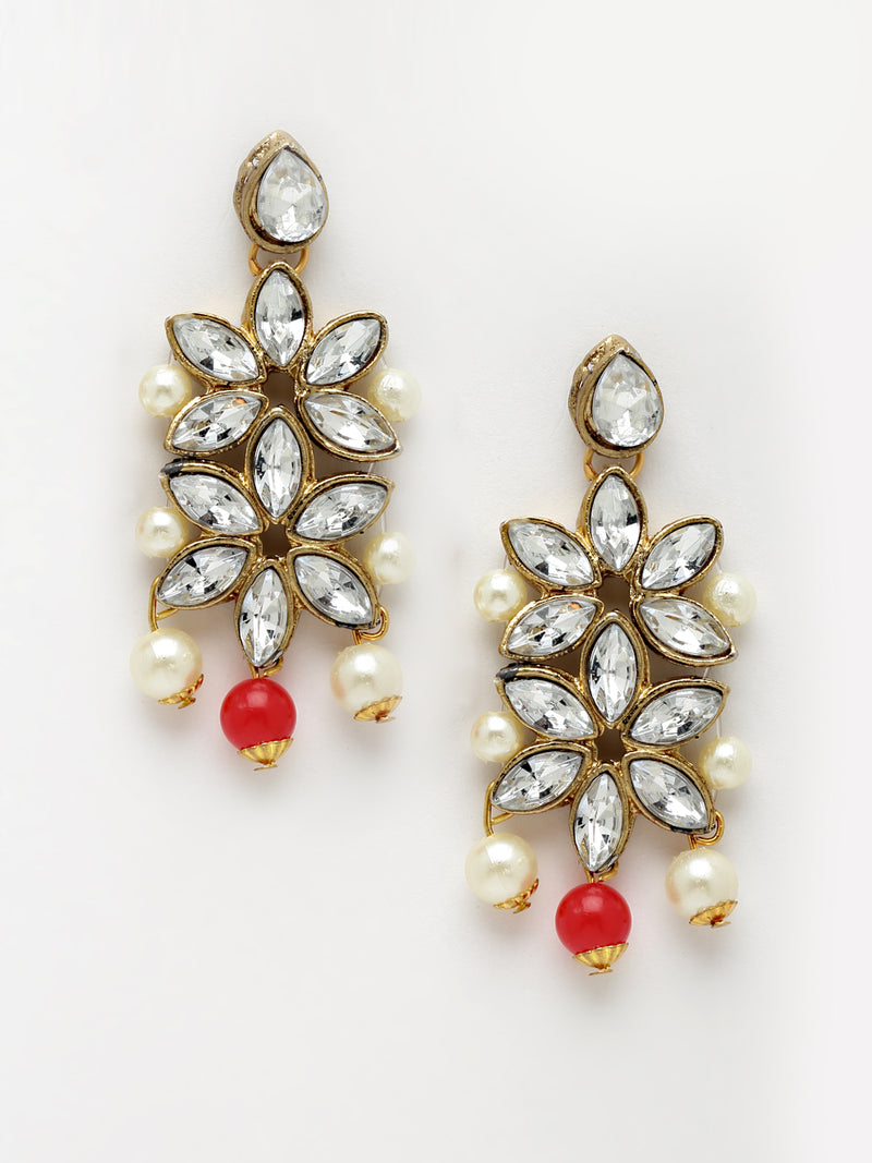 Meenakari Flower Shape Gold-Plated & Red Kundan-Studded & Pearl Beaded Antique Jewellery Set Combo