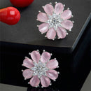 Pink American Diamond Studded Floral Shaped Rhodium-Plated with Silver-Tone Studs Earrings