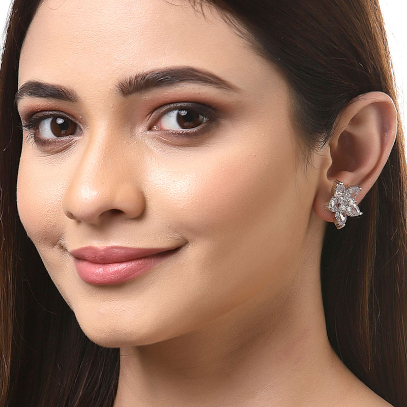 Rhodium-Plated with Silver-Toned White American Diamond Floral Studs Earrings