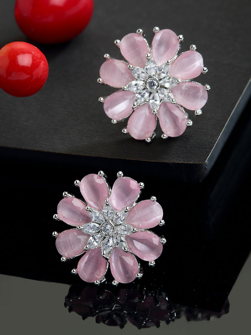 Pink American Diamond Studded Floral Shaped Rhodium-Plated with Silver-Tone Studs Earrings