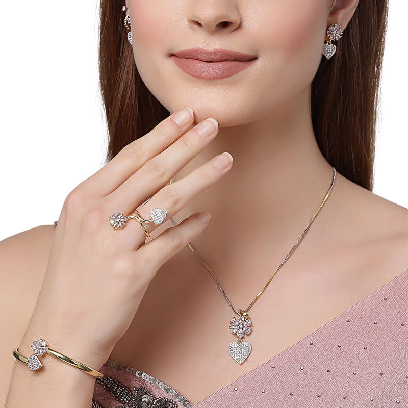 Flower Shaped Heart Drop Gold-Plated American Diamond-Studded Jewellery Set Combo