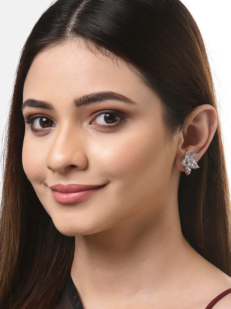 Rhodium-Plated with Silver-Toned White American Diamond Floral Studs Earrings