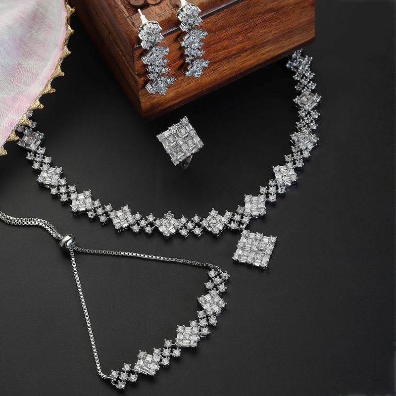 Rhodium-Plated with Silver-Toned White American Diamond Studded Jewellery Set Combo