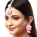 Gold-Plated Pearl White & Pink Gota Patti Flower Maang Tikka Set
