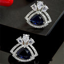 Navy Blue American Diamond Triangular Shaped Rhodium-Plated with Silver-Tone Studs Earrings