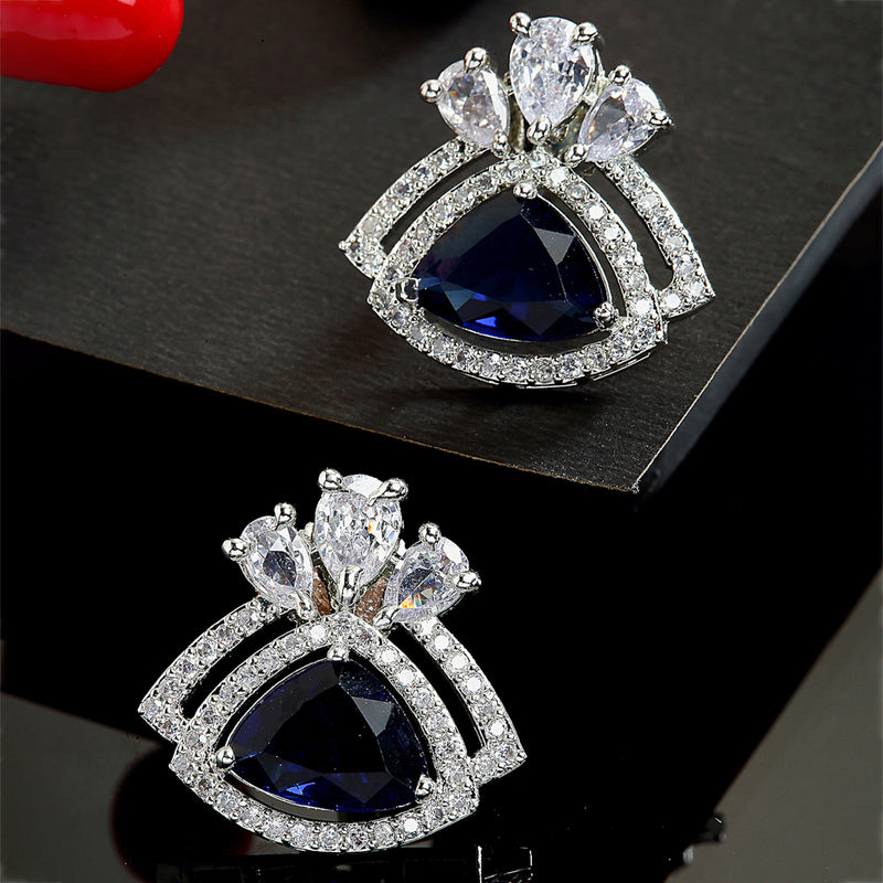 Navy Blue American Diamond Triangular Shaped Rhodium-Plated with Silver-Tone Studs Earrings