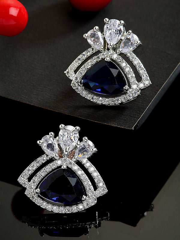 Navy Blue American Diamond Triangular Shaped Rhodium-Plated with Silver-Tone Studs Earrings
