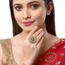 Gold-Plated Round Shaped Floral Green & Pink Cubic Zirconia Studded Ring