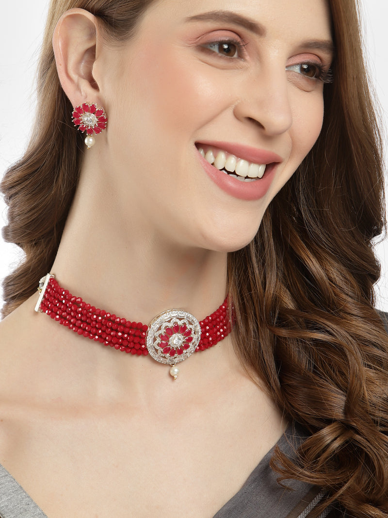 Rhodium-Plated with Oxidized Silver-Tone Red Stone-Studded & Pearl-Beaded Jewellery Set