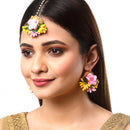 Gold-Plated Pearl Yellow & Pink Gota Patti Flower Maang Tikka Set