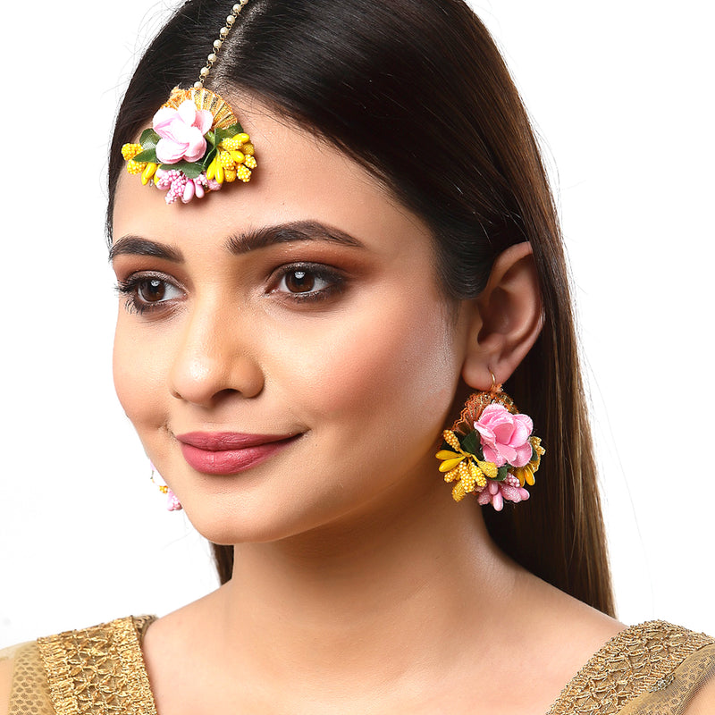 Gold-Plated Pearl Yellow & Pink Gota Patti Flower Maang Tikka Set
