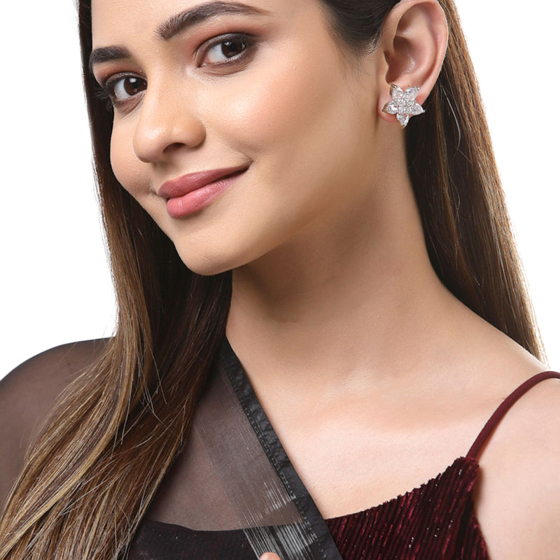 Rhodium-Plated with Silver-Toned White American Diamond Floral Studs Earrings