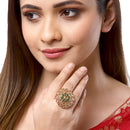 Gold-Plated Round Shaped Floral Green & Pink Cubic Zirconia Studded Ring
