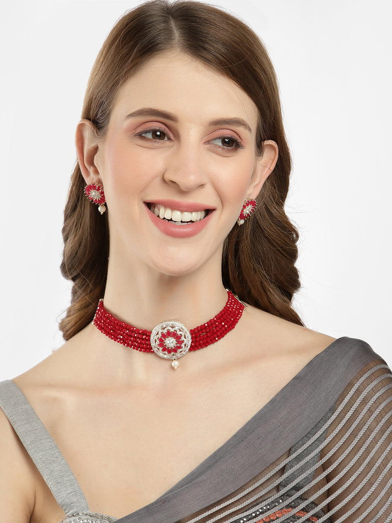 Rhodium-Plated with Oxidized Silver-Tone Red Stone-Studded & Pearl-Beaded Jewellery Set