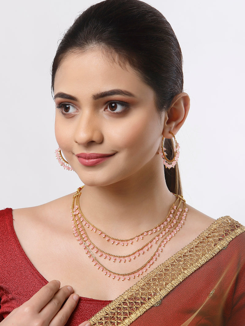 Gold-Plated Pink Pearl Drop 3 Intricate Layered Jewellery Set