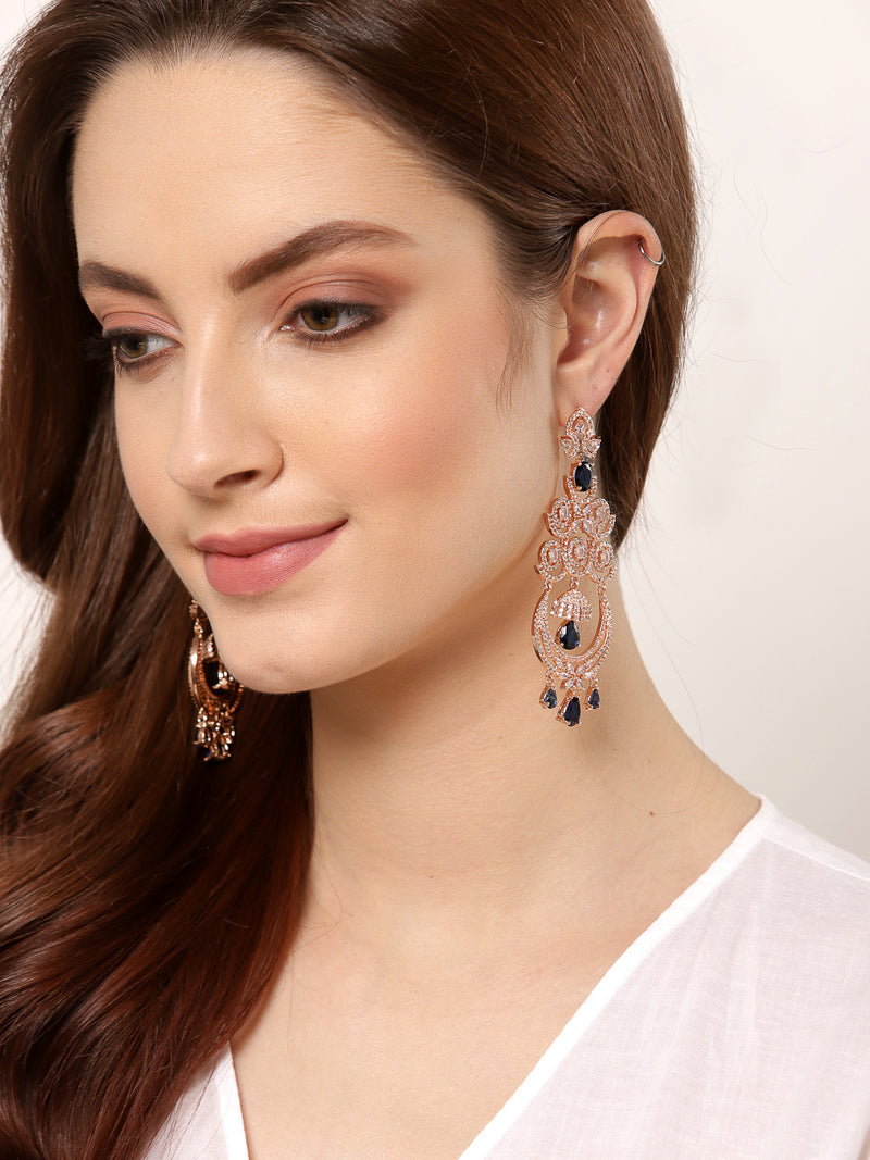 Navy Blue American Diamond with Rose Gold-Plated Contemporary Chandbalis Earrings