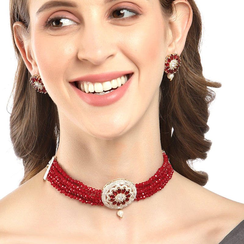 Rhodium-Plated with Silver-Tone Red Stone Studded Jewellery Set