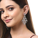 White American Diamond Rhodium-Plated with Silver-Tone Studded Leaf Shaped Drop Earrings