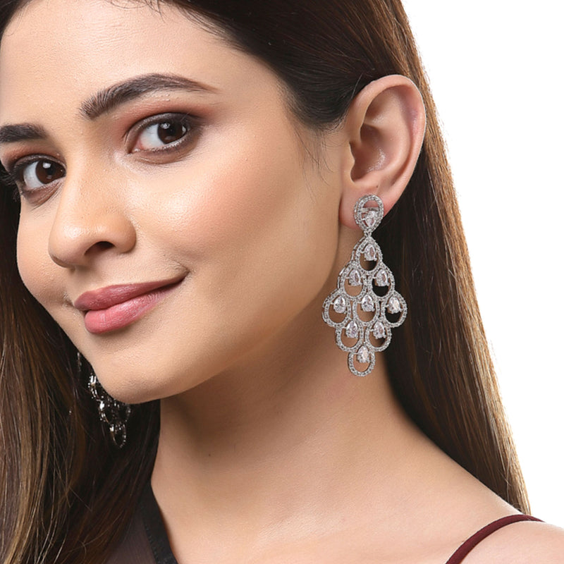 White American Diamond Rhodium-Plated with Silver-Tone Studded Leaf Shaped Drop Earrings