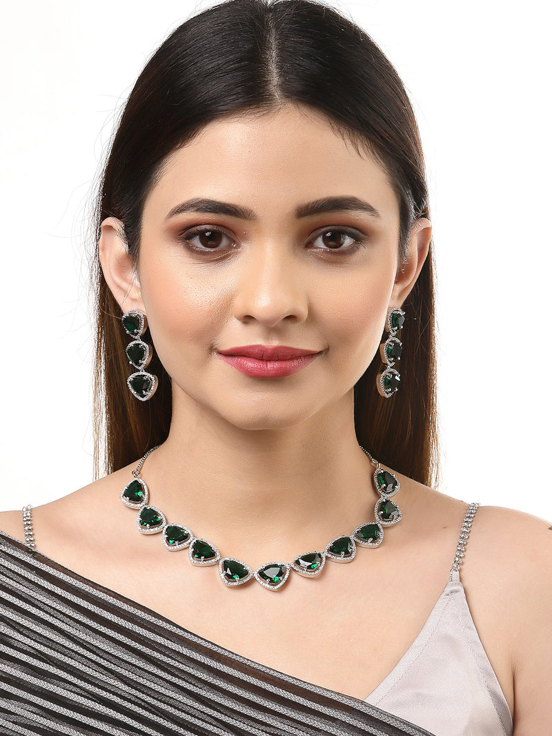 Rhodium-Plated with Silver-Tone Handcrafted Green American Diamond Studded Triangular Jewellery Set