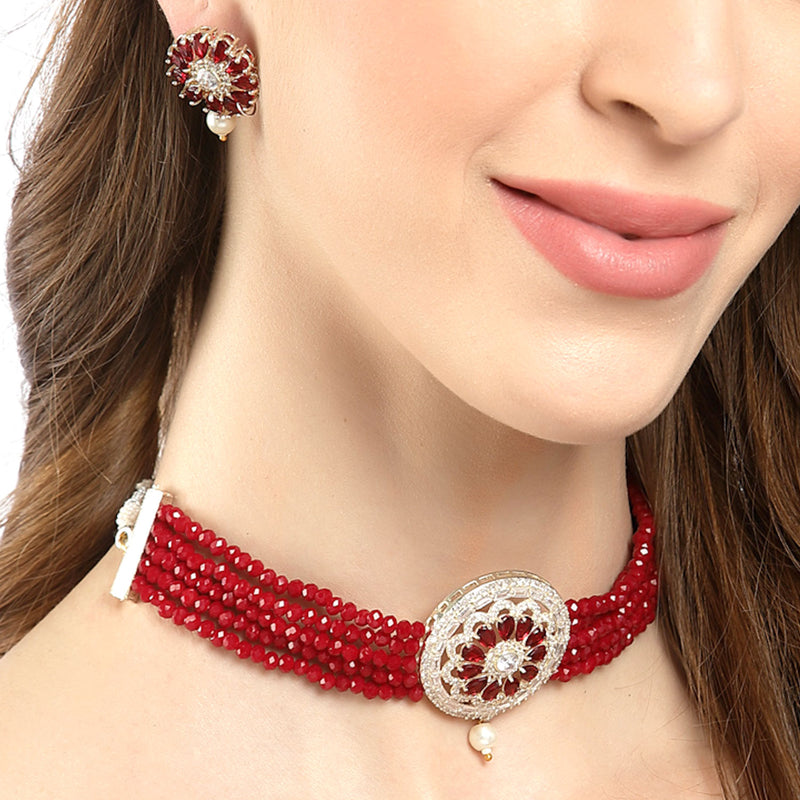 Rhodium-Plated with Silver-Tone Red Stone Studded Jewellery Set