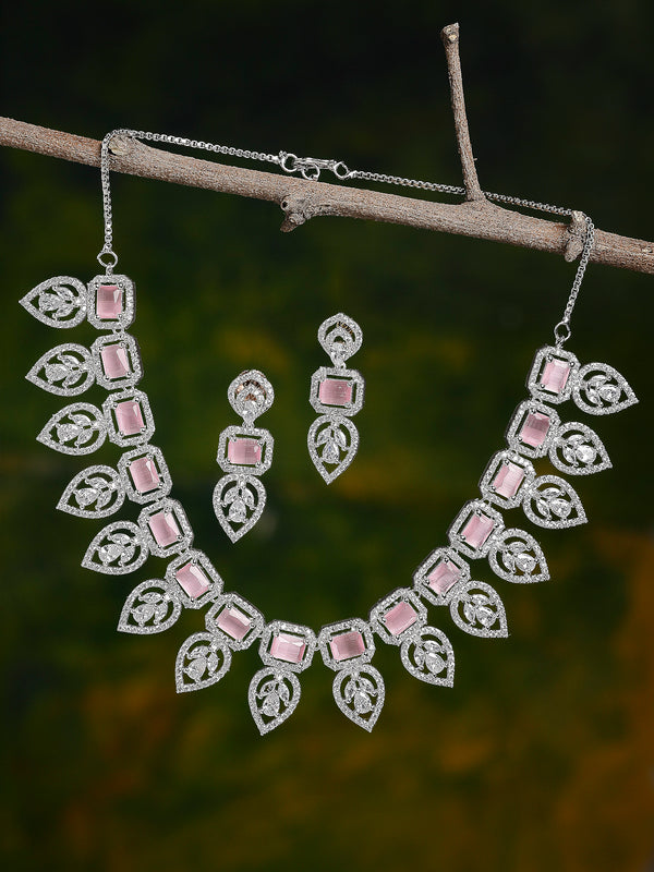 Pink & Silver-Toned & Plated Crystal Studded Leaf Shaped Jewellery Set