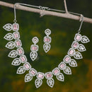 Pink & Silver-Toned & Plated Crystal Studded Leaf Shaped Jewellery Set
