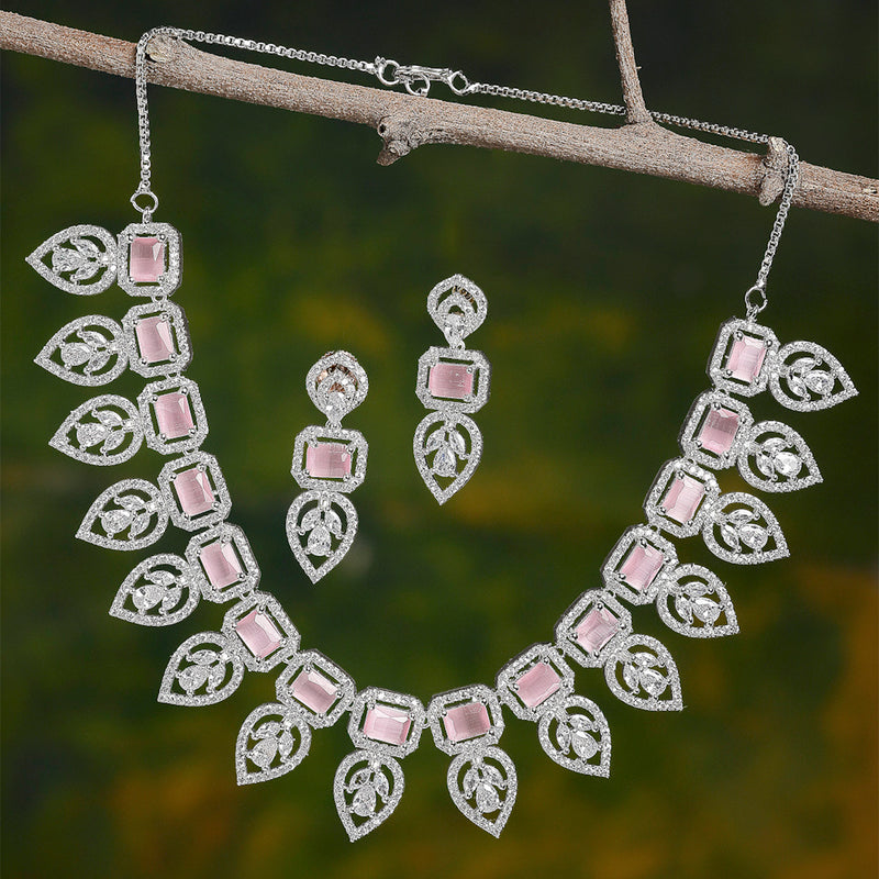 Pink & Silver-Toned & Plated Crystal Studded Leaf Shaped Jewellery Set