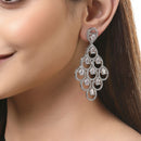 White American Diamond Rhodium-Plated with Silver-Tone Studded Leaf Shaped Drop Earrings