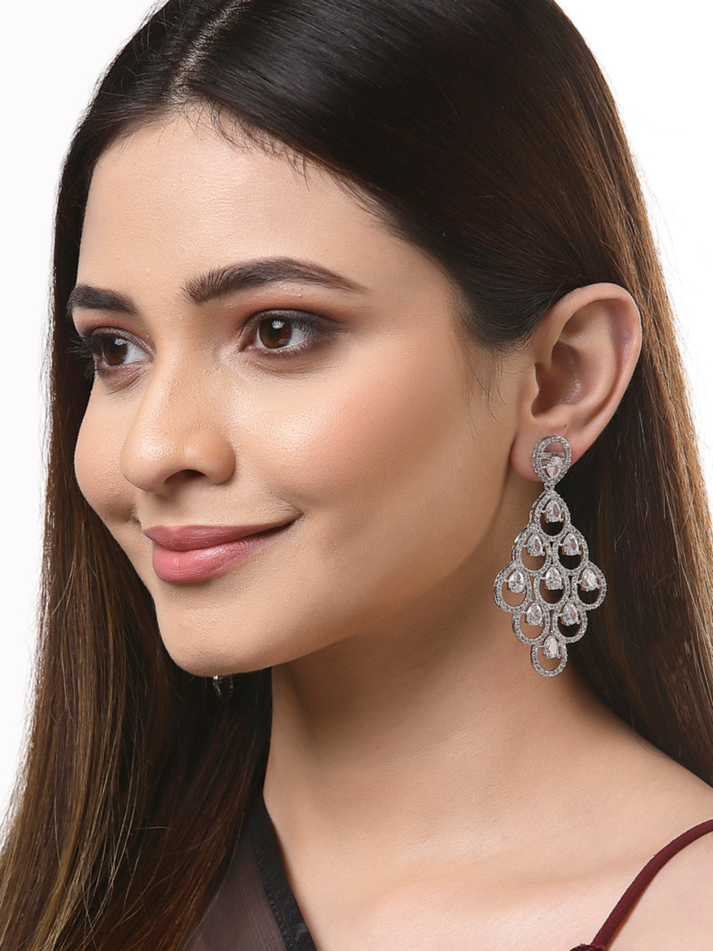 White American Diamond Rhodium-Plated with Silver-Tone Studded Leaf Shaped Drop Earrings