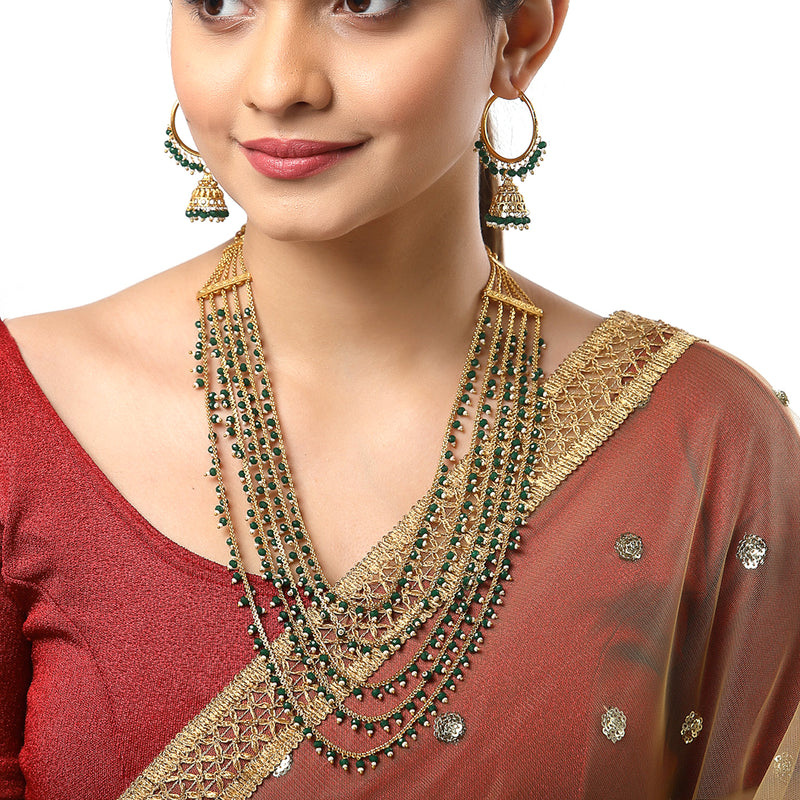 Five Layered Gold-Plated Green Pearl Beaded Jewellery Set