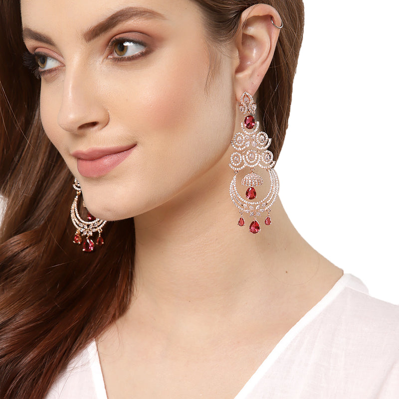Red American Diamond with Rose Gold-Plated Contemporary Chandbalis Earrings